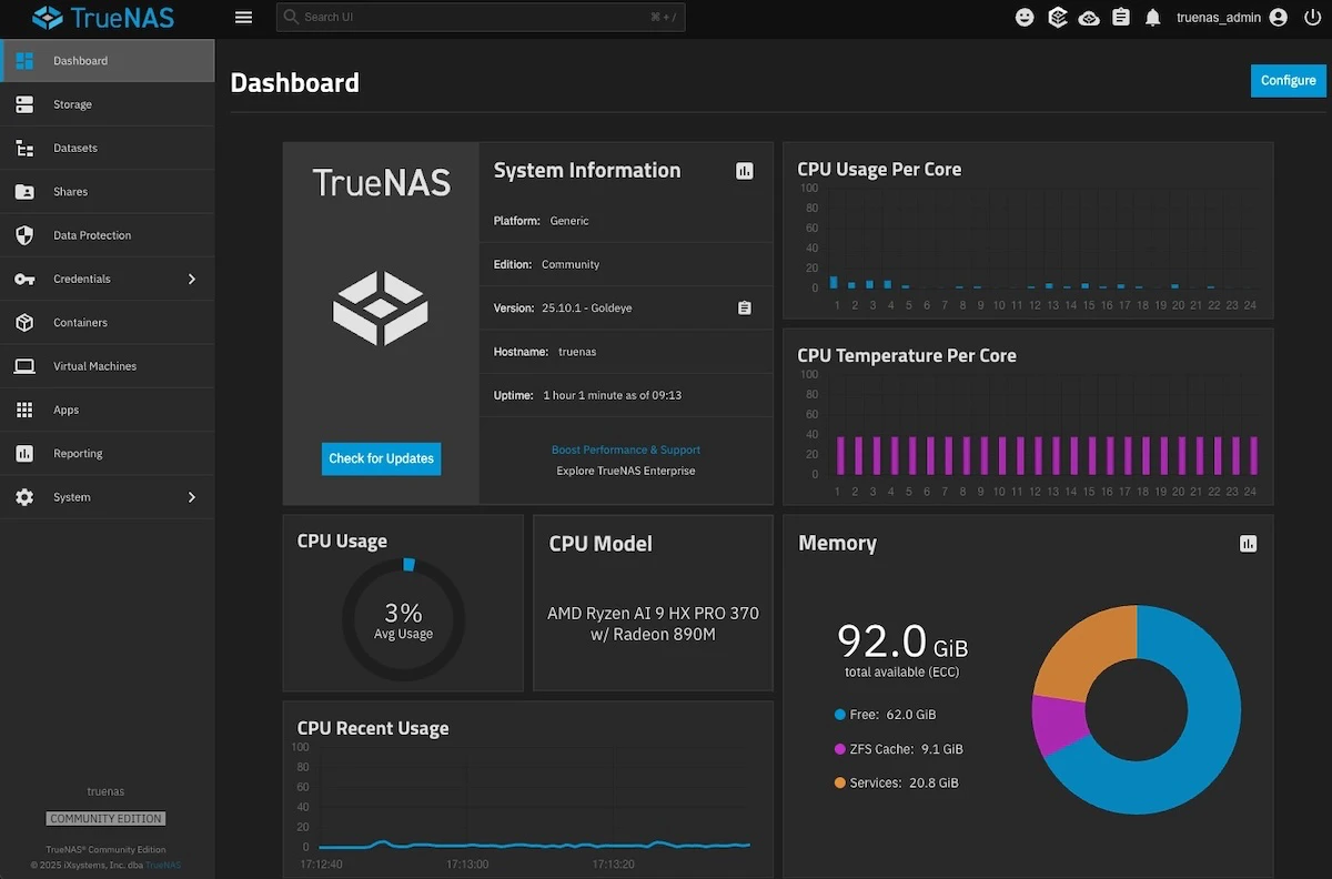 Dashboard operacional TrueNAS SCALE