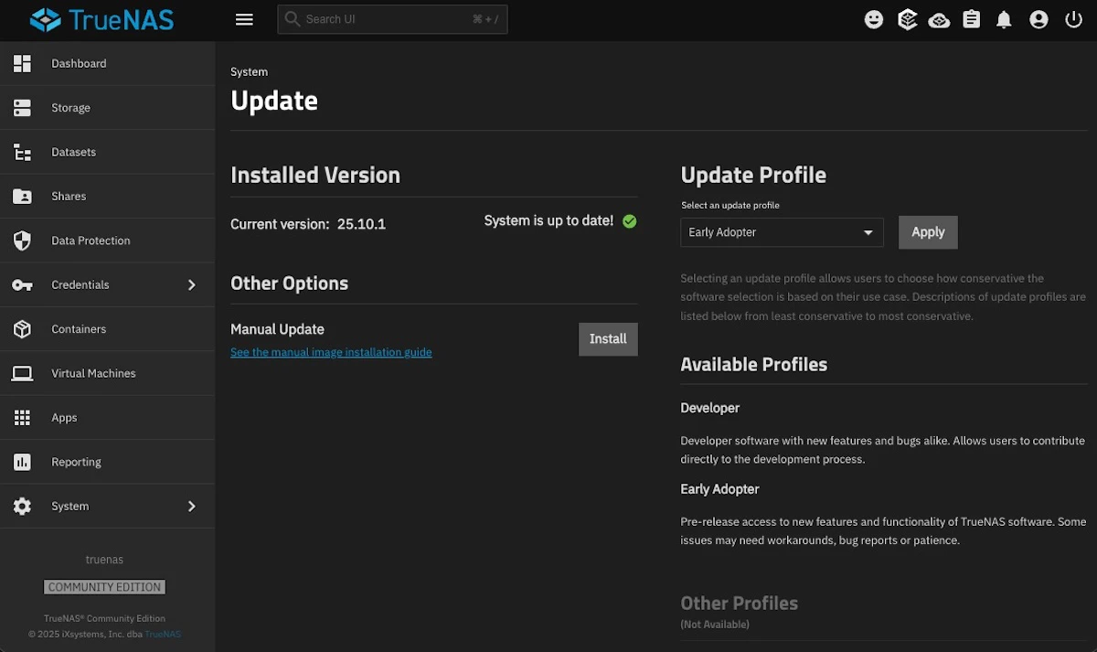 Interface de atualização TrueNAS SCALE
